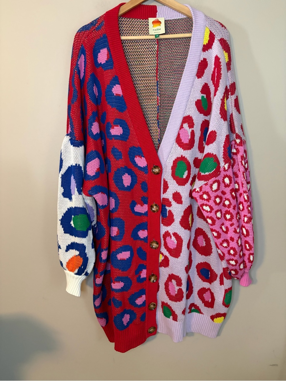 FARM Rio Leopard Pop Cotton Cardigan Button Front Balloon Sleeve Multicolor XL